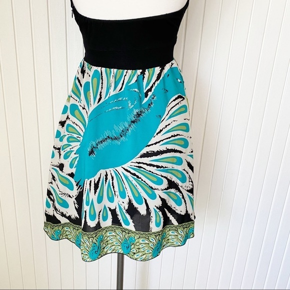 Tricia Fix Black Teal Peacock Strapless Sundress Size Small - Picture 9 of 13
